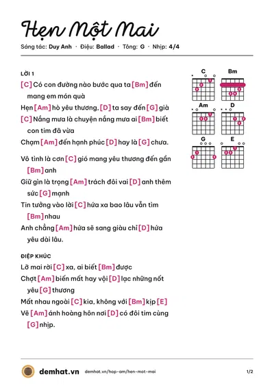 Hợp âm Hẹn Một Mai (Harry Lu) – bản nhạc PDF trang 1, tông G
