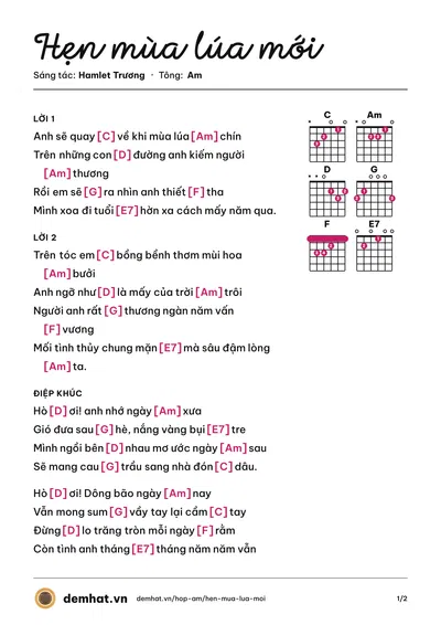 Hợp âm Hẹn mùa lúa mới (Jack Long) – bản nhạc PDF trang 1, tông Am
