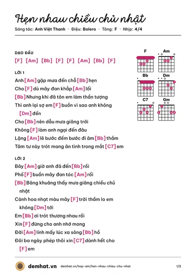 Hợp âm Hẹn nhau chiều chủ nhật (Anh Việt Thanh) – bản nhạc PDF trang 1, tông F