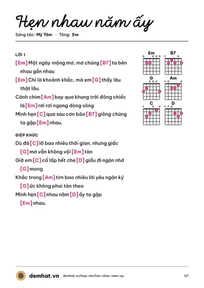 Hợp âm Hẹn nhau năm ấy (Mỹ Tâm) – bản nhạc PDF trang 1, tông Em