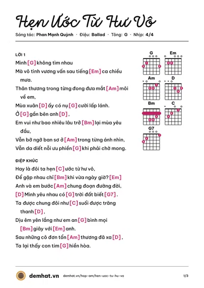 Hợp âm Hẹn Ước Từ Hư Vô (Mỹ Tâm) – bản nhạc PDF trang 1, tông G