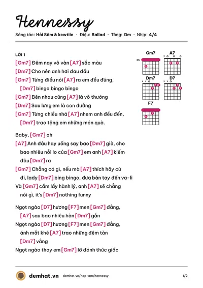 Hợp âm Hennessy (Hải Sâm) – bản nhạc PDF trang 1, tông Dm