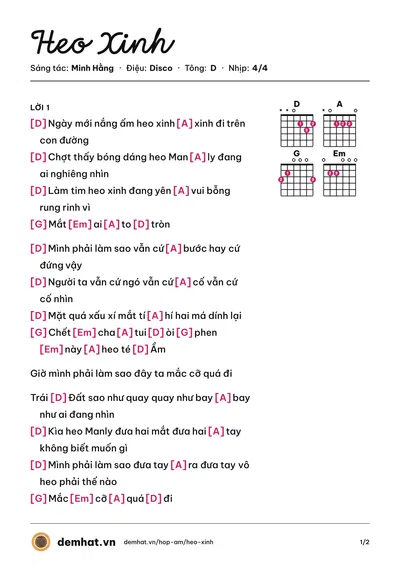 Hợp âm Heo Xinh (Minh Hằng) – bản nhạc PDF trang 1, tông D