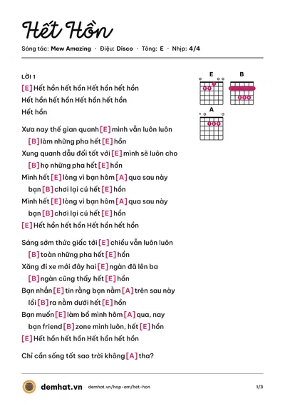 Hợp âm Hết Hồn (Mr K) – bản nhạc PDF trang 1, tông E