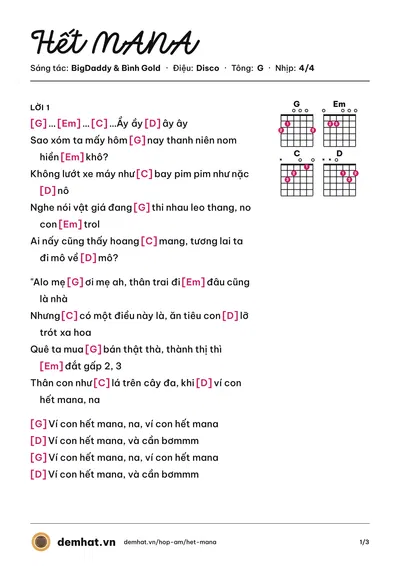 Hợp âm Hết MANA (JustaTee) – bản nhạc PDF trang 1, tông G