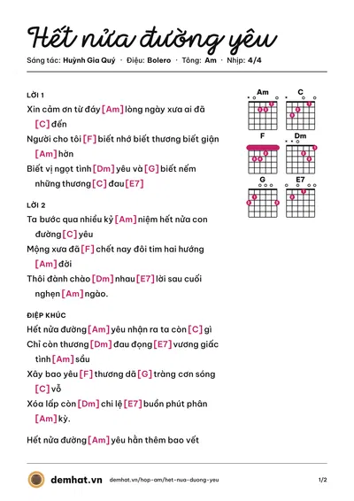 Hợp âm Hết nửa đường yêu (Hoàng Châu) – bản nhạc PDF trang 1, tông Am