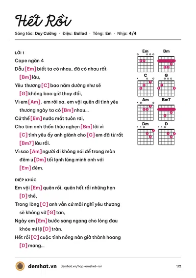Hợp âm Hết Rồi (Hồ Quang Hiếu) – bản nhạc PDF trang 1, tông Em