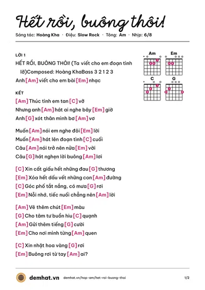 Hợp âm Hết rồi, buông thôi! (Hoàng Kha) – bản nhạc PDF trang 1, tông Am