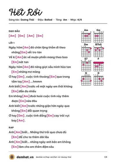 Hợp âm Hết Rồi (Pita Ngọc Hiếu) – bản nhạc PDF trang 1, tông Am