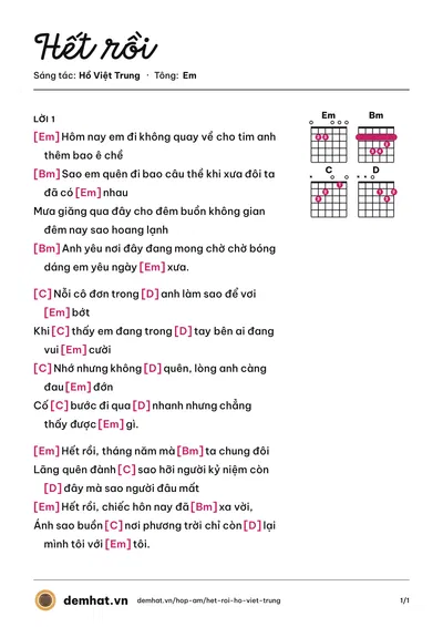 Hợp âm Hết rồi (Hồ Việt Trung) – bản nhạc PDF trang 1, tông Em