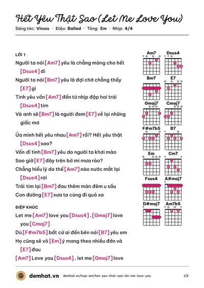 Hợp âm Hết Yêu Thật Sao (Let Me Love You) (JSOL) – bản nhạc PDF trang 1, tông Em