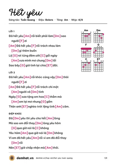 Hợp âm Hết yêu (Tuấn Quang) – bản nhạc PDF trang 1, tông Am