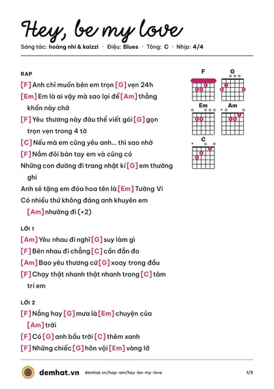 Hợp âm Hey, be my love (kaizzi) – bản nhạc PDF trang 1, tông C