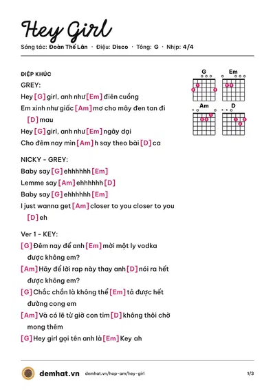 Hợp âm Hey Girl (MONSTAR) – bản nhạc PDF trang 1, tông G