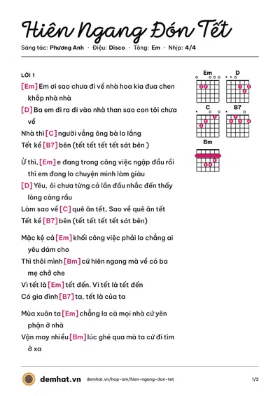 Hợp âm Hiên Ngang Đón Tết (Phương Anh) – bản nhạc PDF trang 1, tông Em