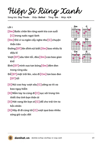Hợp âm Hiệp Sĩ Rừng Xanh (Xuân Nghi) – bản nhạc PDF trang 1, tông Dm