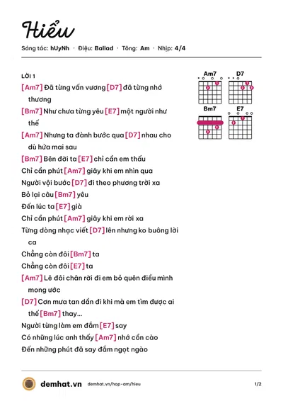 Hợp âm Hiểu (hUyNh) – bản nhạc PDF trang 1, tông Am