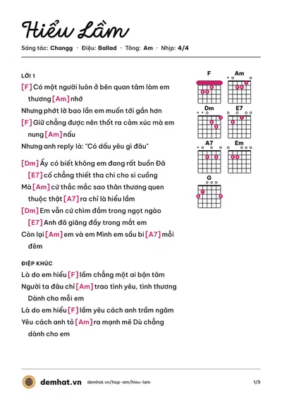 Hợp âm Hiểu Lầm (Changg) – bản nhạc PDF trang 1, tông Am