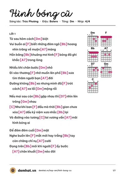 Hợp âm Hình bóng cũ (Tâm Đoan) – bản nhạc PDF trang 1, tông Dm