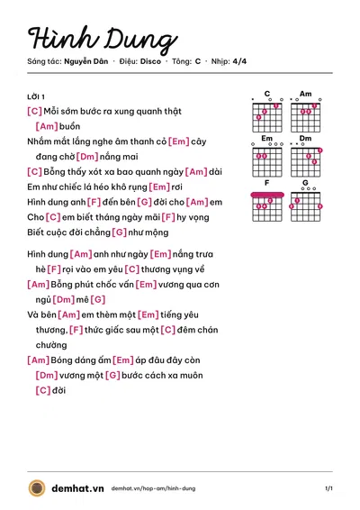 Hợp âm Hình Dung (Phương Thanh) – bản nhạc PDF trang 1, tông C