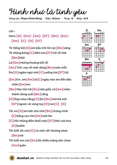 Hợp âm Hình như là tình yêu (Khánh Vy) – bản nhạc PDF trang 1, tông G