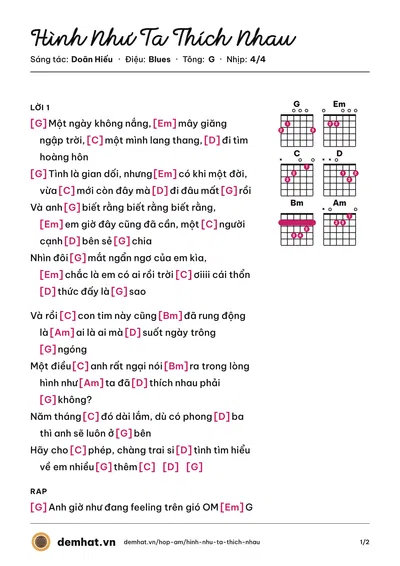 Hợp âm Hình Như Ta Thích Nhau (Doãn Hiếu) – bản nhạc PDF trang 1, tông G