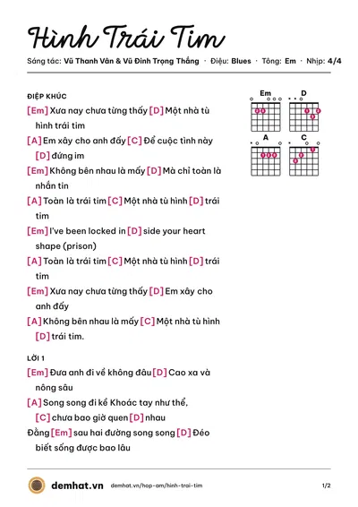 Hợp âm Hình Trái Tim (Vũ Đinh Trọng Thắng) – bản nhạc PDF trang 1, tông Em