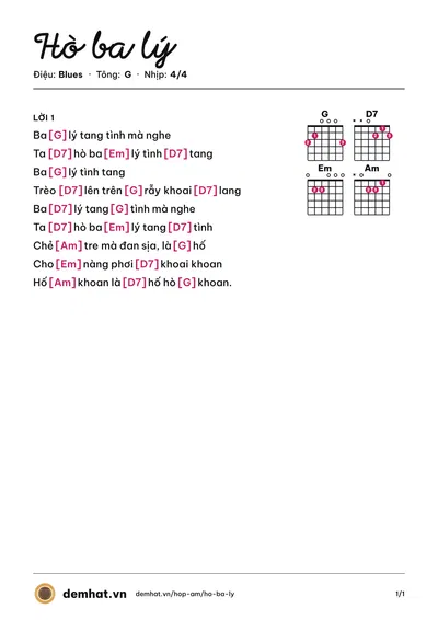 Hợp âm Hò ba lý (Tốp ca thiếu nhi) – bản nhạc PDF trang 1, tông G