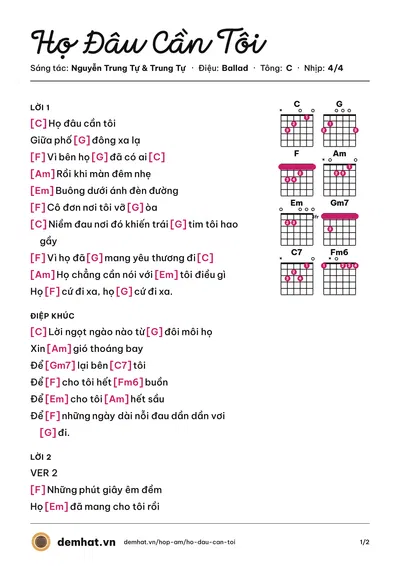 Hợp âm Họ Đâu Cần Tôi (Trung Tự) – bản nhạc PDF trang 1, tông C