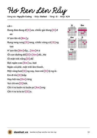 Hợp âm Hơ Ren Lên Rẫy (Thanh Lam) – bản nhạc PDF trang 1, tông G