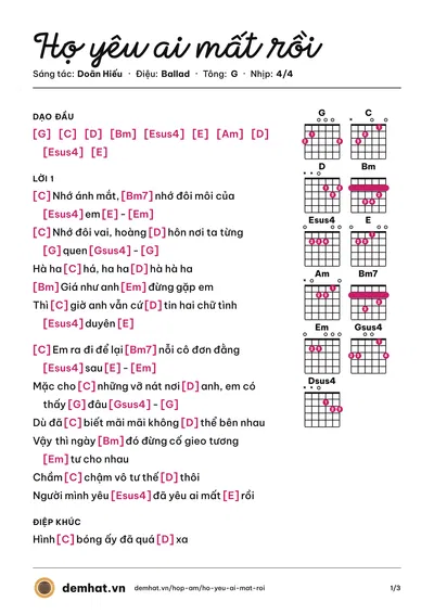 Hợp âm Họ yêu ai mất rồi (Doãn Hiếu) – bản nhạc PDF trang 1, tông G