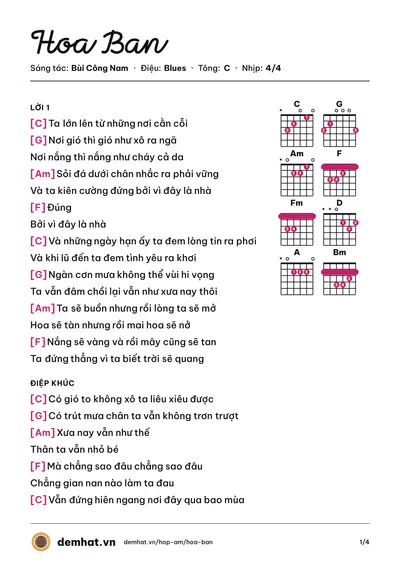 Hợp âm Hoa Ban (Bùi Công Nam) – bản nhạc PDF trang 1, tông C