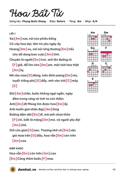 Hợp âm Hoa Bất Tử (Ngọc Phụng) – bản nhạc PDF trang 1, tông Am