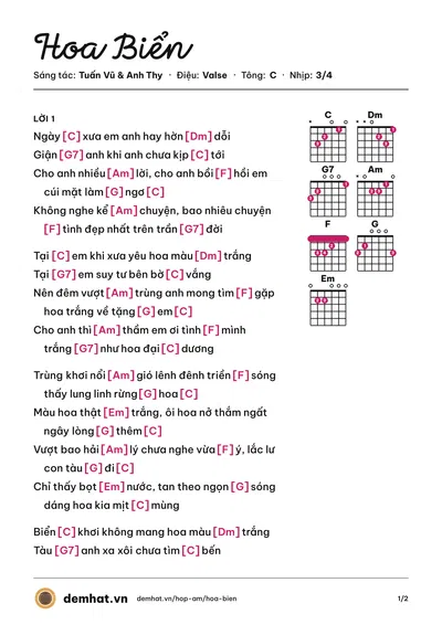 Hợp âm Hoa Biển (Tuấn Vũ) – bản nhạc PDF trang 1, tông C