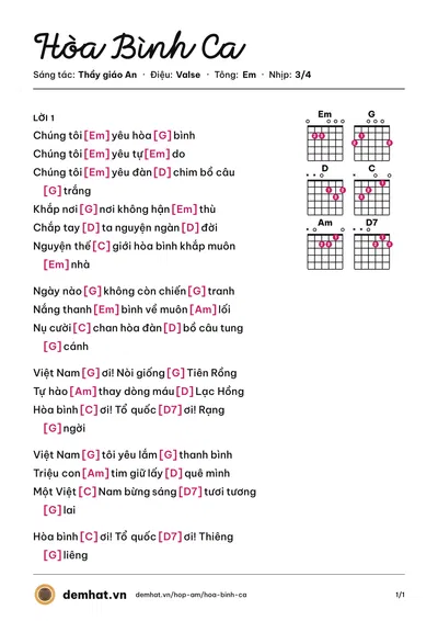 Hợp âm Hòa Bình Ca (Thầy giáo An) – bản nhạc PDF trang 1, tông Em