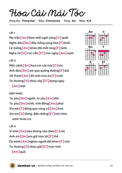 Hợp âm Hoa Cài Mái Tóc (Quang Lê) – bản nhạc PDF trang 1, tông Am