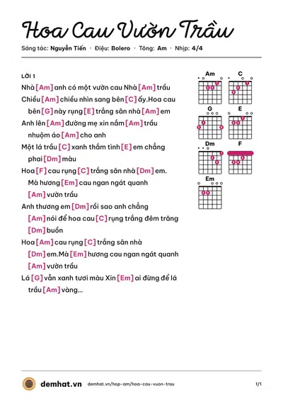 Hợp âm Hoa Cau Vườn Trầu (Thu Hiền) – bản nhạc PDF trang 1, tông Am