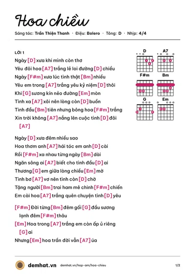 Hợp âm Hoa chiều (Vũ Khanh) – bản nhạc PDF trang 1, tông D