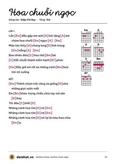 Hợp âm Hoa chuỗi ngọc (Hải Phước) – bản nhạc PDF trang 1, tông Em
