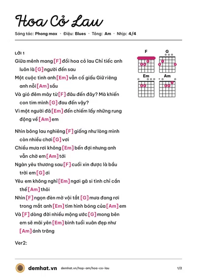 Hợp âm Hoa Cỏ Lau (Phong max) – bản nhạc PDF trang 1, tông Am