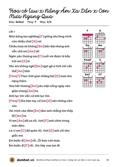 Hợp âm Hoa cỏ lau x Nắng Ấm Xa Dần x Cơn Mưa Ngang Qua – bản nhạc PDF trang 1, tông F