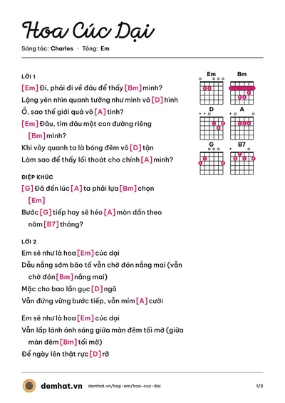 Hợp âm Hoa Cúc Dại (Tóc Tiên) – bản nhạc PDF trang 1, tông Em