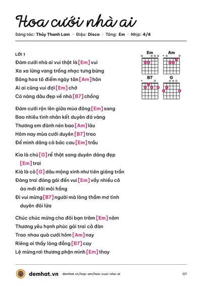 Hợp âm Hoa cưới nhà ai (Hùng Cường) – bản nhạc PDF trang 1, tông Em