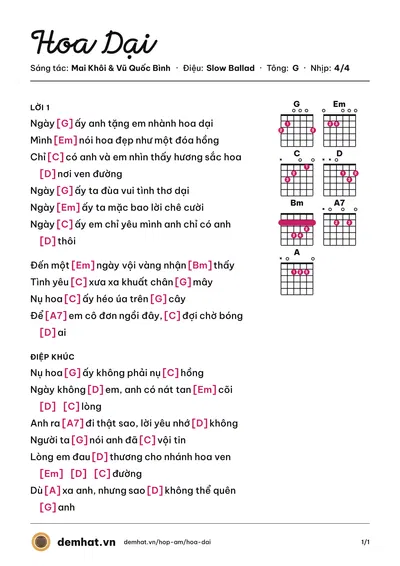 Hợp âm Hoa Dại (Mai Khôi) – bản nhạc PDF trang 1, tông G
