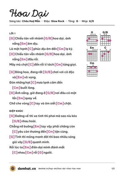 Hợp âm Hoa Dại (Châu Huệ Mẫn) – bản nhạc PDF trang 1, tông G