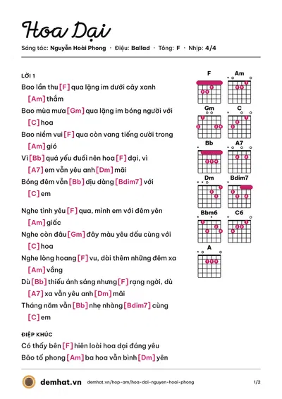 Hợp âm Hoa Dại (Phan Đinh Tùng) – bản nhạc PDF trang 1, tông F