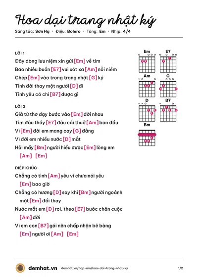 Hợp âm Hoa dại trang nhật ký (Sơn Hạ) – bản nhạc PDF trang 1, tông Em