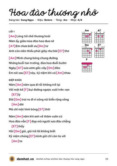 Hợp âm Hoa đào thương nhớ (Song Ngọc) – bản nhạc PDF trang 1, tông Am