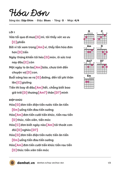 Hợp âm Hóa Đơn (Dập Ghim) – bản nhạc PDF trang 1, tông G