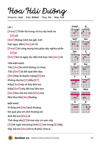 Hợp âm Hoa Hải Đường (Jack) – bản nhạc PDF trang 1, tông Fm